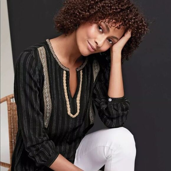 J Jill Peasant Blouse XS Black White Stripe Lace - Picture 14 of 14